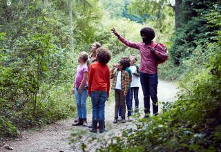 Adult Team Leader With Group Of Children At Outdoor Activity Camp Walking Through Woodland